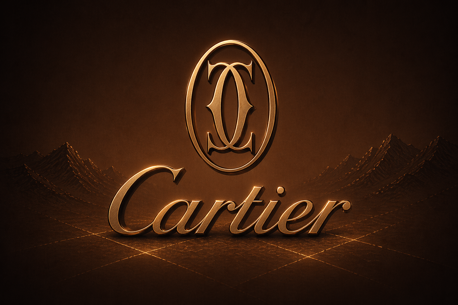 Cartier brand emblem against a moody mountain landscape