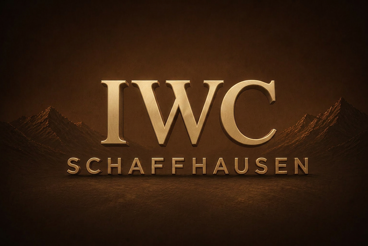 IWC Schaffhausen brand emblem against a moody mountain landscape