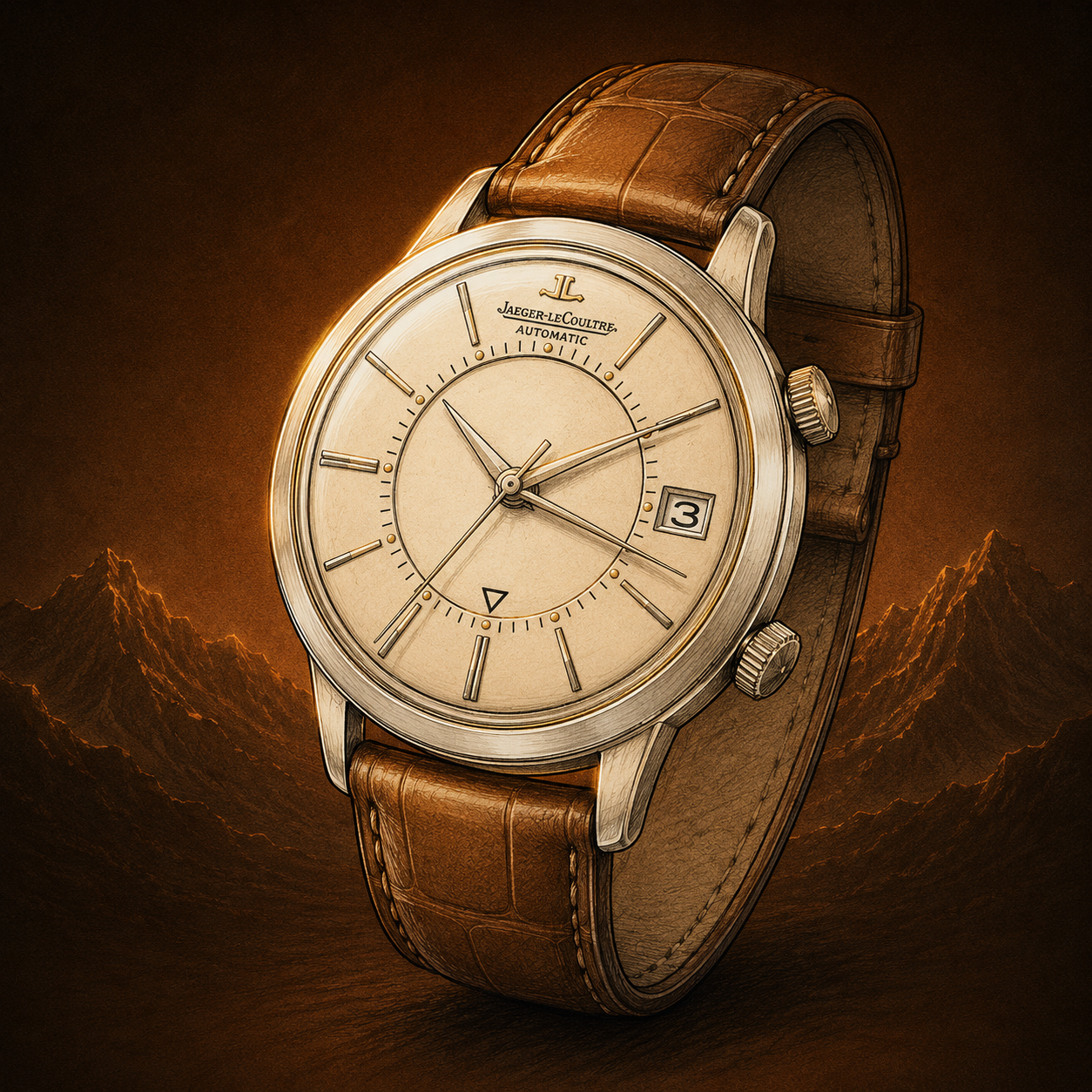 Jaeger-LeCoultre Memovox vintage automatic alarm watch with champagne dial and brown crocodile strap