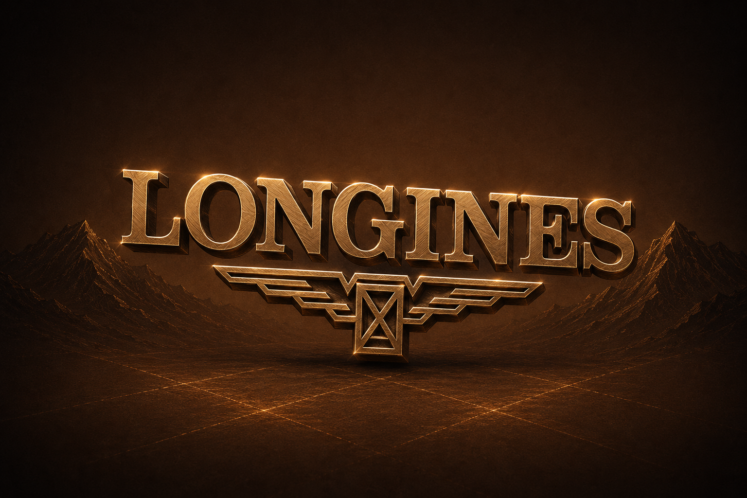 Golden Longines wordmark and winged hourglass emblem set against a moody mountain landscape