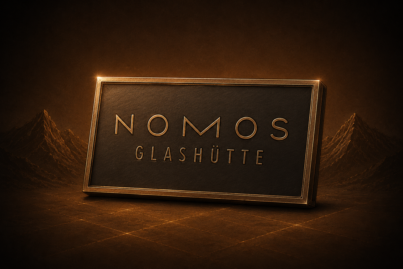 Golden Nomos Glashütte wordmark on a dark plaque set against a moody mountain landscape
