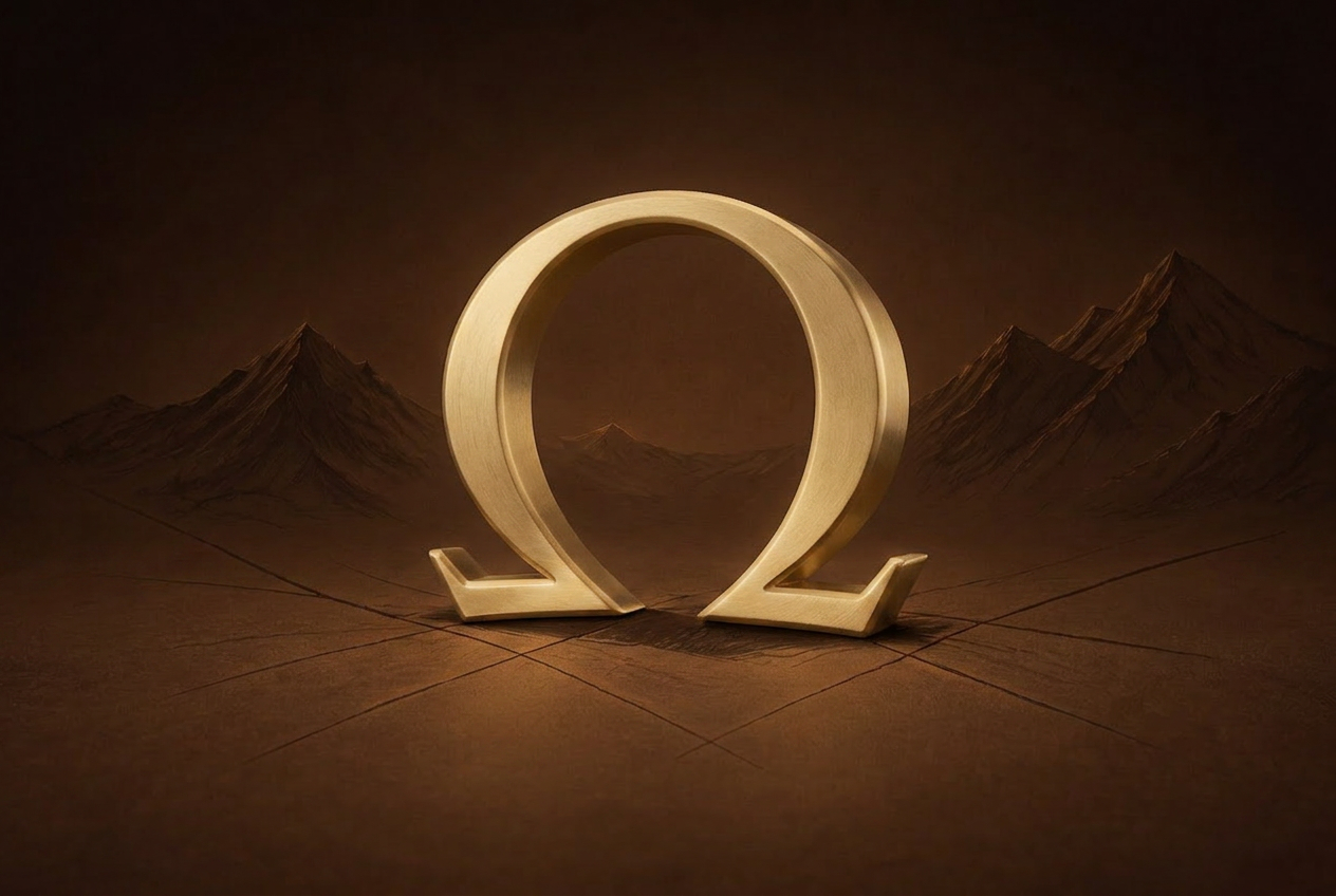 Golden Omega symbol standing against a moody mountain landscape