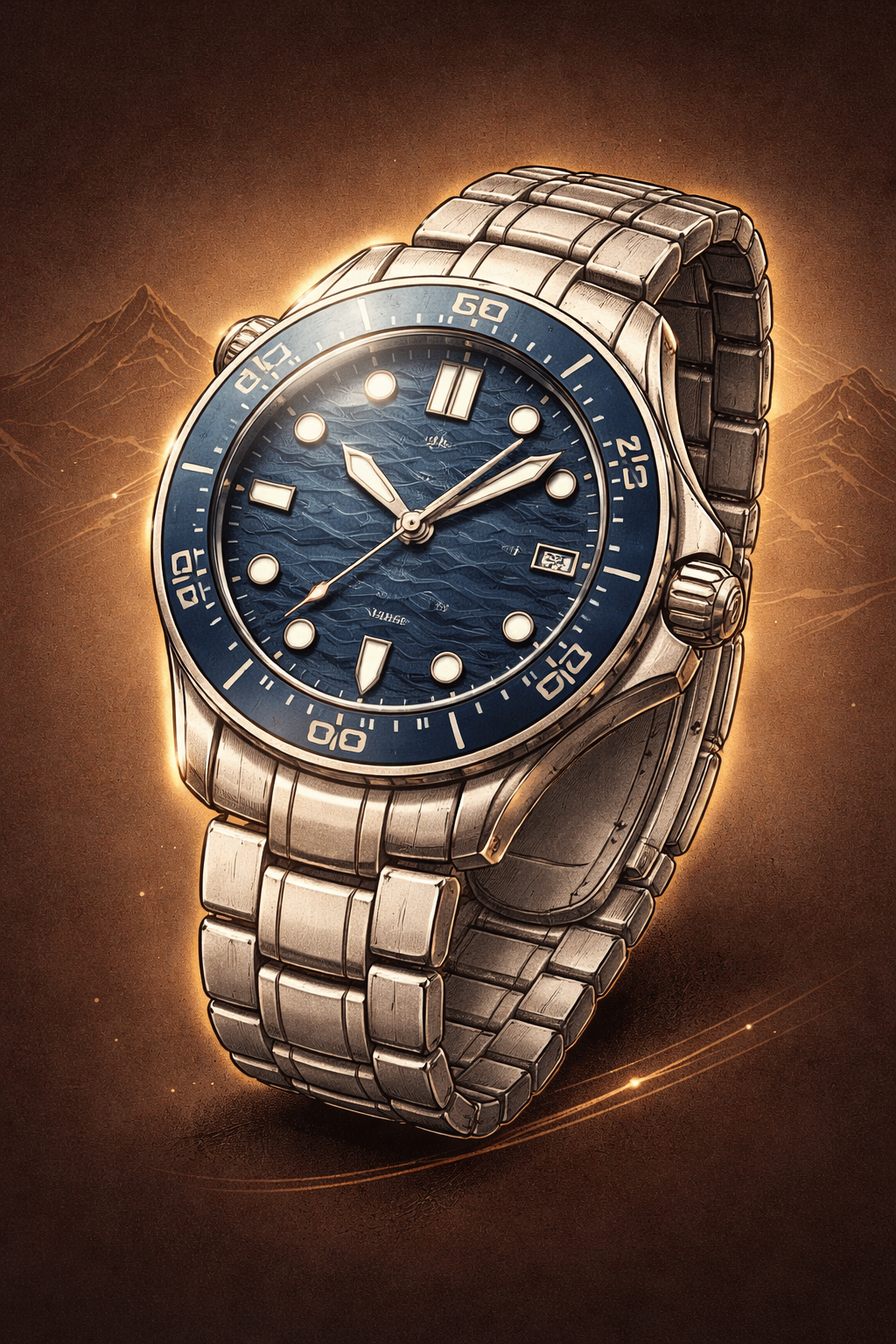 Omega Seamaster Diver 300 dive watch with blue wave dial and steel bracelet