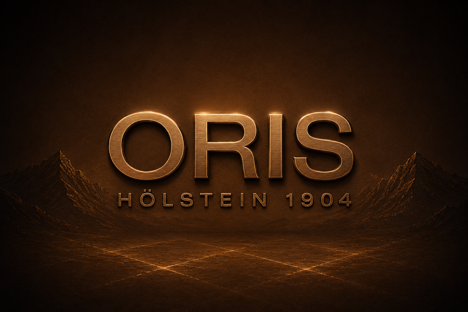 Golden Oris Hölstein 1904 wordmark set against a moody mountain landscape