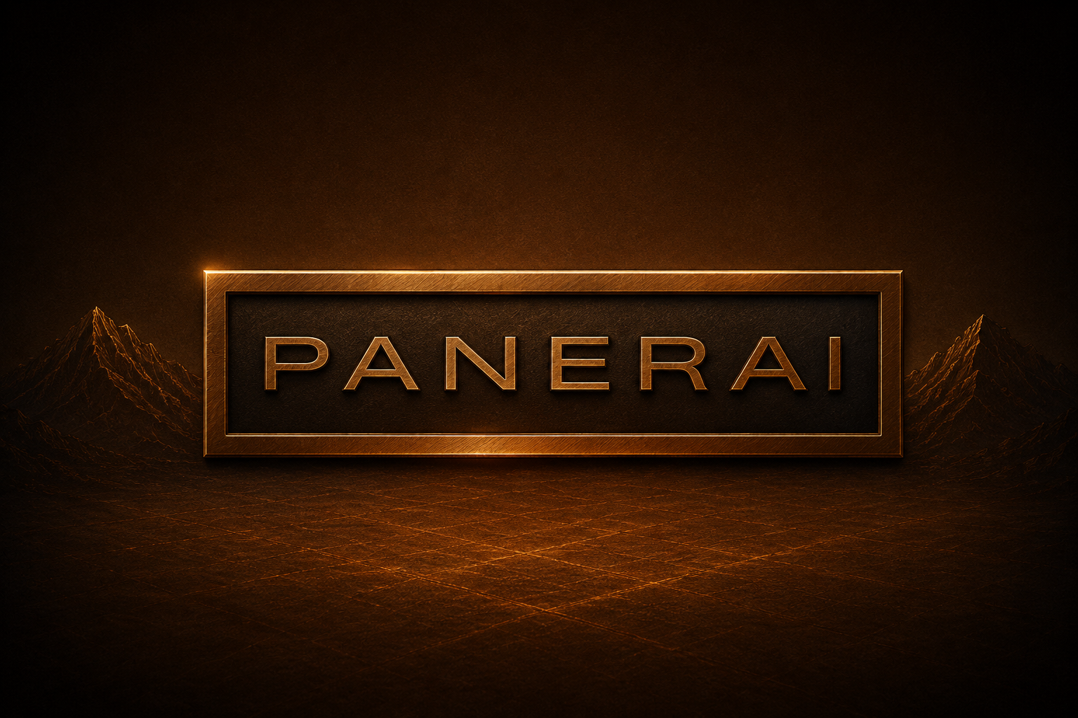 Brushed bronze Panerai nameplate framed by mountains