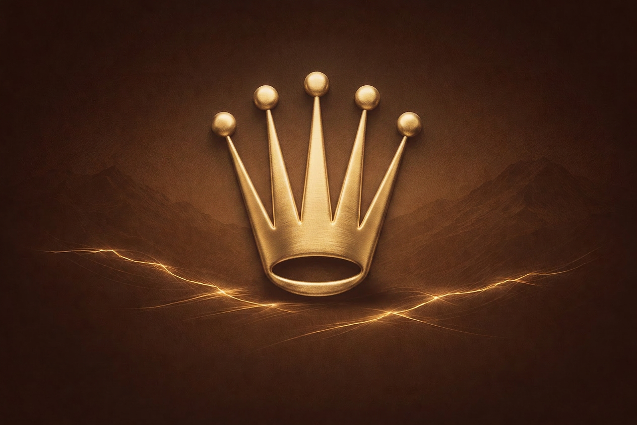 Golden Rolex-style crown emblem set against a moody mountain landscape