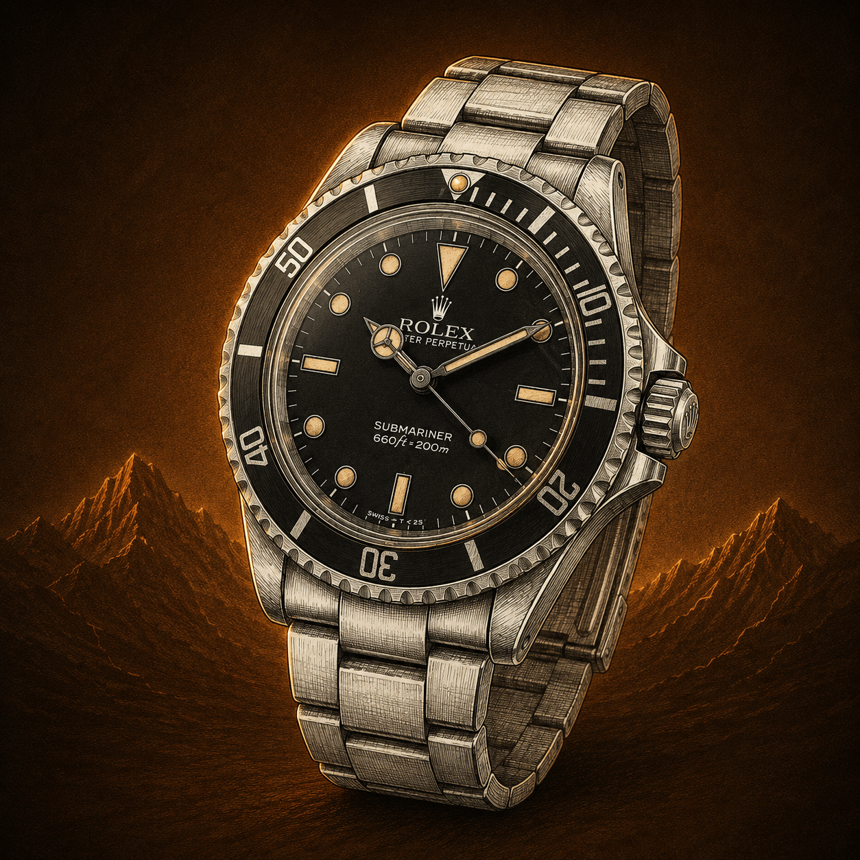 Rolex Submariner 5513 dive watch on a dark editorial backdrop