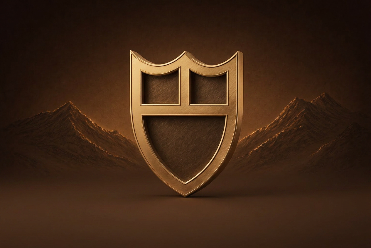 Golden Tudor shield emblem against a moody mountain landscape