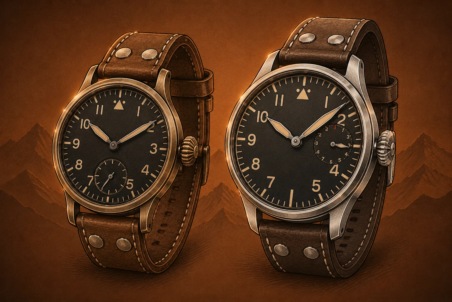 Van der Gang 20045BA-T pilot GMT watch shown alongside an IWC Big Pilot for direct comparison