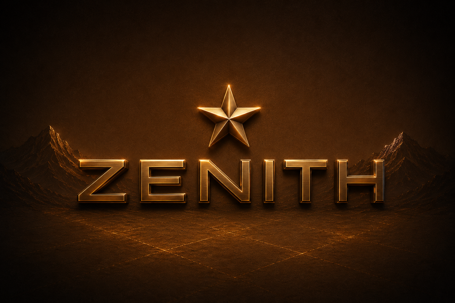 Golden Zenith star and wordmark set against a moody mountain landscape